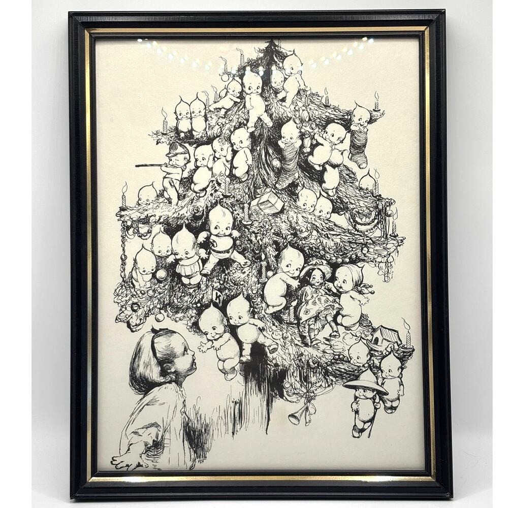 VTG 1973 Kewpie Doll, Rose O'Neill, Framed Christmas Tree Child & Kewpies Pic